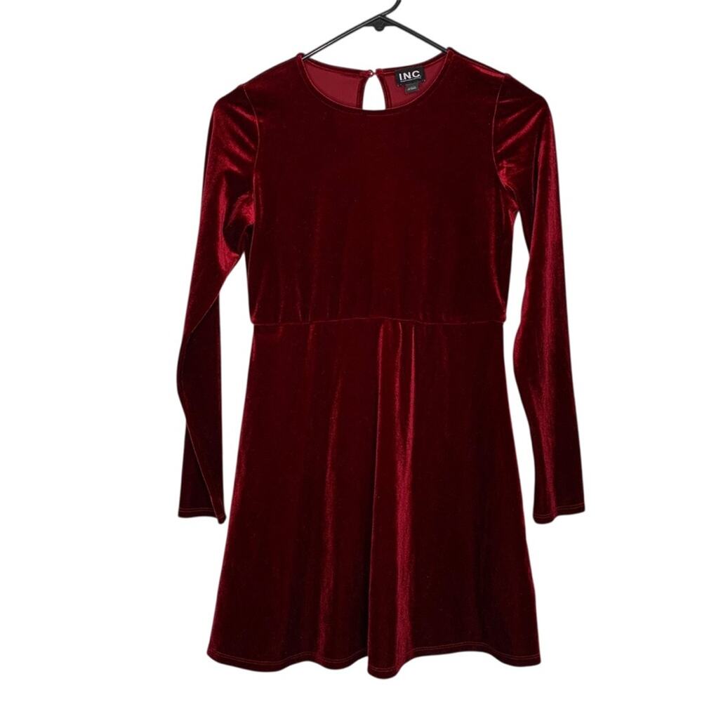 INC international Concepts Velvet Long Sleeve Dress Burgundy Size L(14)